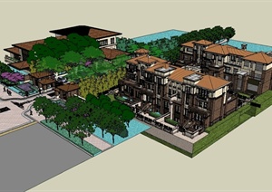 某滨水西班牙风格别墅建筑及大门设计SU(草图大师)模型
