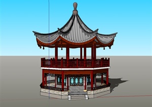 古典中式风格两层八角观景亭设计SU(草图大师)模型