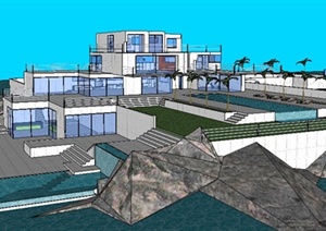 现代水中度假别墅建筑设计SU(草图大师)模型