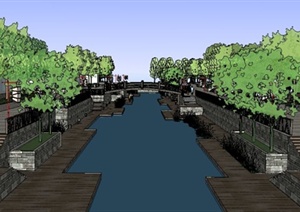 现代风格河道两岸公园景观设计SU(草图大师)模型