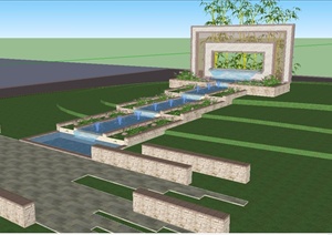 现代风格详细的景墙水池设计SU(草图大师)模型