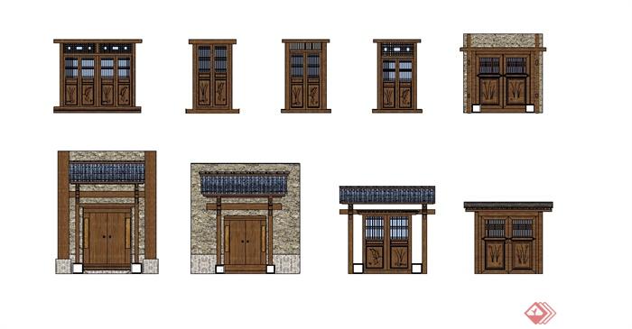 现代中式风格详细多种不同的建筑大门设计su模型(1)
