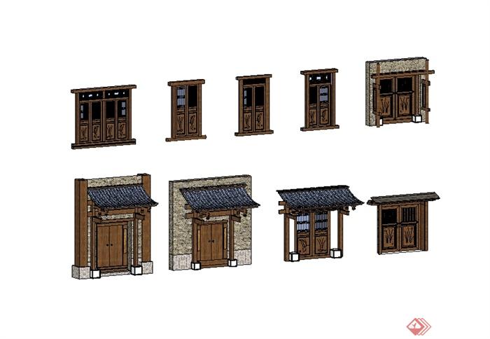 现代中式风格详细多种不同的建筑大门设计su模型(2)
