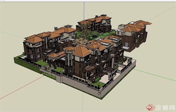 某欧式风格住宅小区别墅建筑楼设计及景观su模型(1)