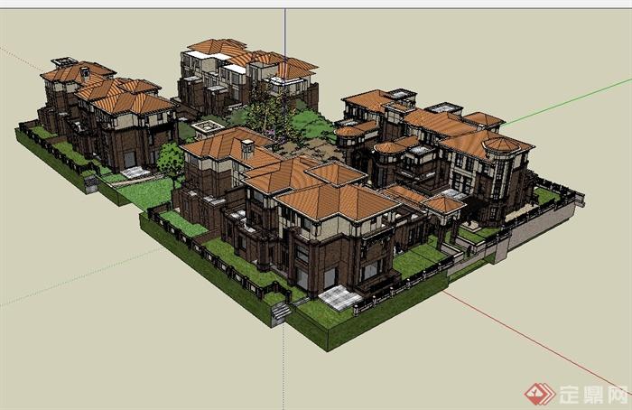 某欧式风格住宅小区别墅建筑楼设计及景观su模型(2)