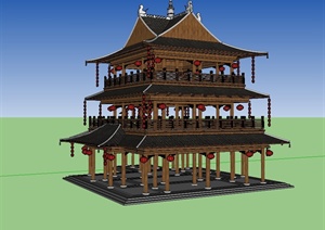 某古典中式风格精致完整的观景塔楼设计SU(草图大师)模型
