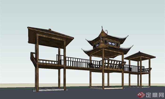 某中国古建连廊亭子设计su模型(1)