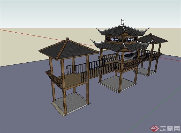 某中国古建连廊亭子设计su模型(3)