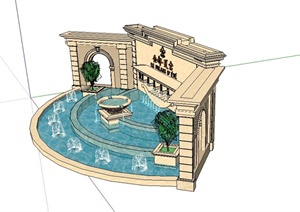 欧式风格详细的景墙喷泉水池设计SU(草图大师)模型