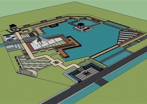 现代风格完整的滨水公园景观SU(草图大师)模型