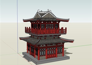 古典中式风格唐代阁楼建筑SU(草图大师)模型