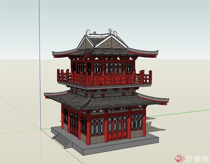 古典中式风格唐代阁楼建筑su模型(1)