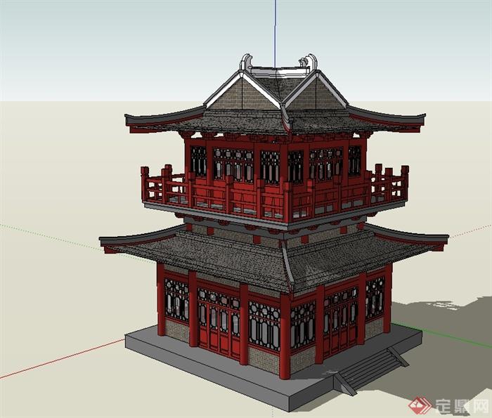 古典中式风格唐代阁楼建筑su模型(2)