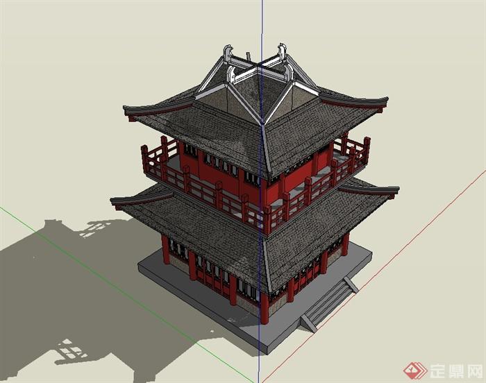 古典中式风格唐代阁楼建筑su模型(3)