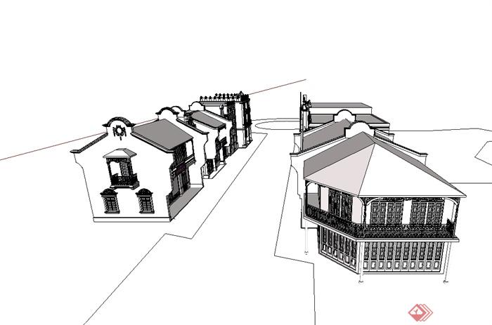 无材质贴图的老街建筑设计su模型(2)